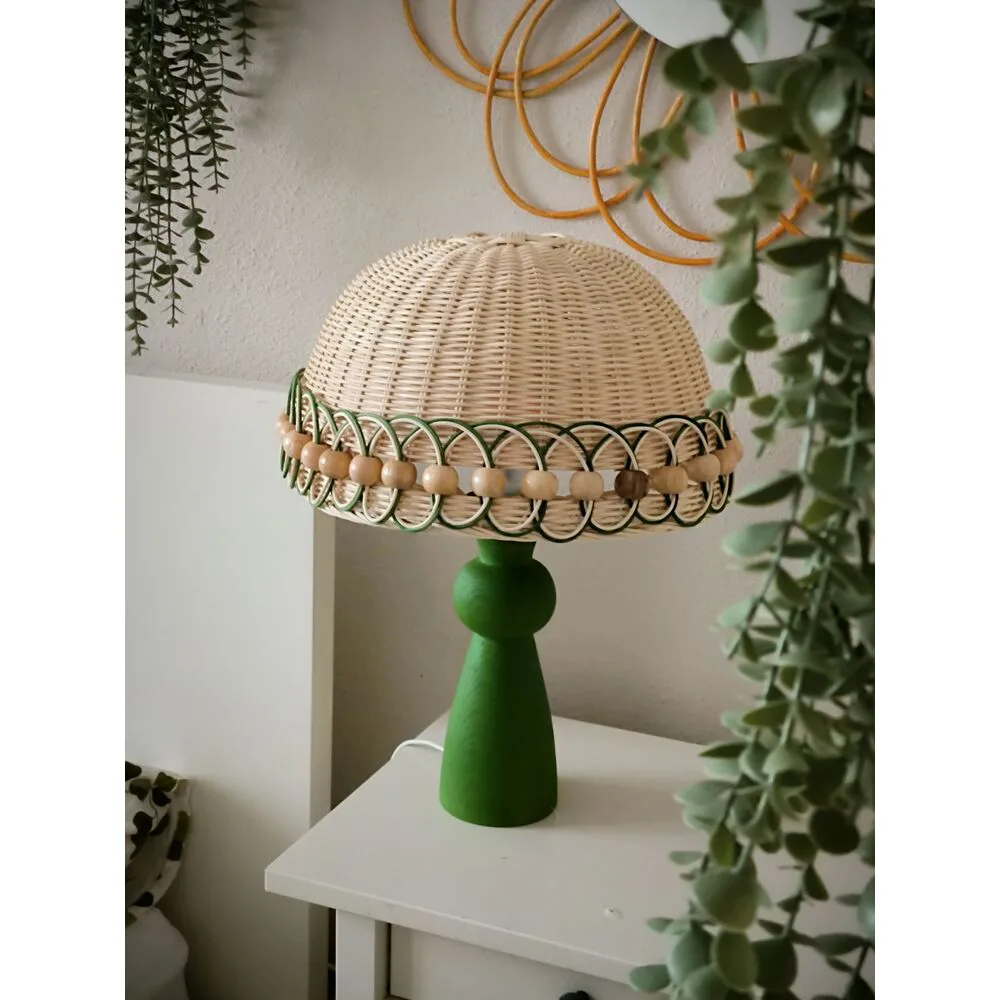 Yeşil Detaylı Rattan Abajur — 45 cm