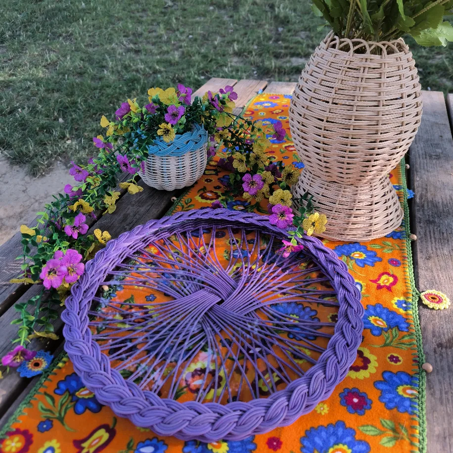 Mor Camlı Rattan Tepsi — 37 cm