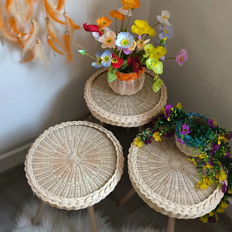 Camlı Rattan Zigon Sehpa Seti — 3'lü