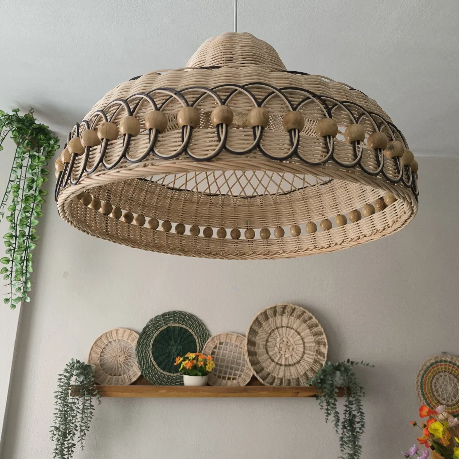 Gri Geçişli Boncuklu Rattan Avize — 50 cm